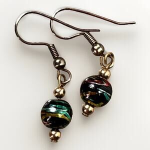 Vintage 10K Yellow Gold Lampwork Oval Glass Bead Green Drop Dangle Earrings